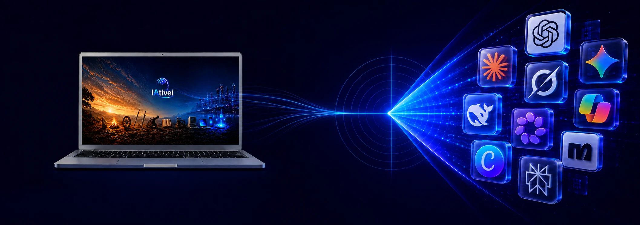 Laptop exibindo o logo do IAtivei sobre uma paisagem que evolui da fogueira à cidade futurista, com um feixe de luz conectando a ícones de ferramentas de IA