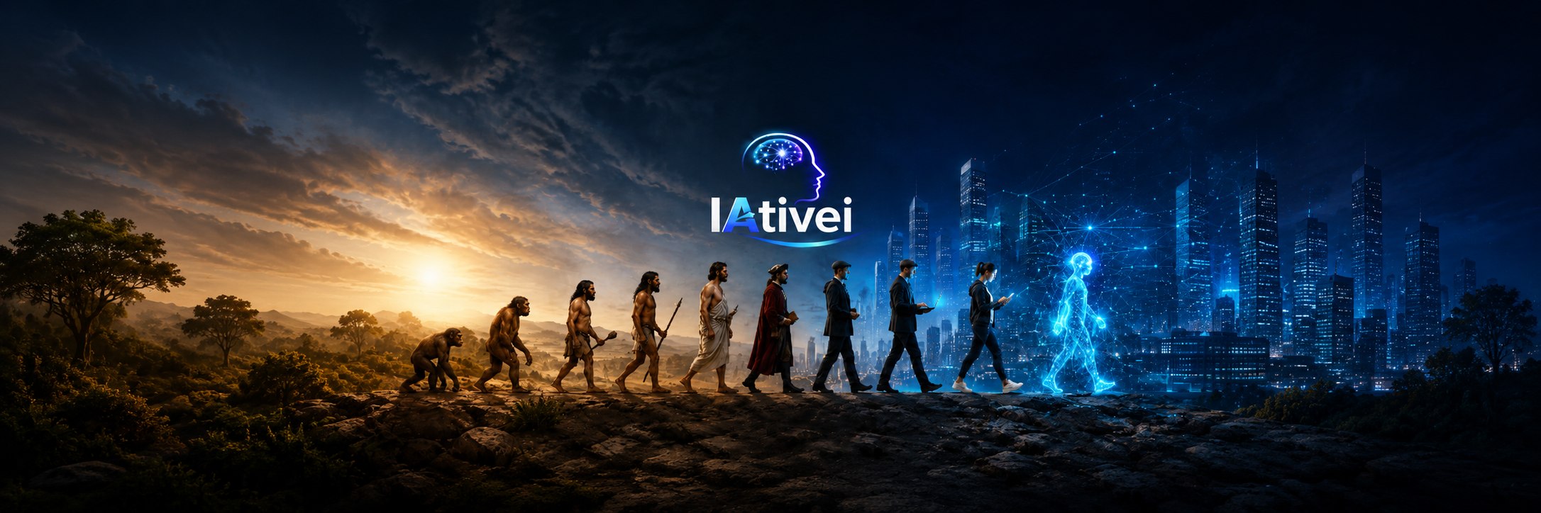 A evolução humana, culminando na era da Inteligência Artificial