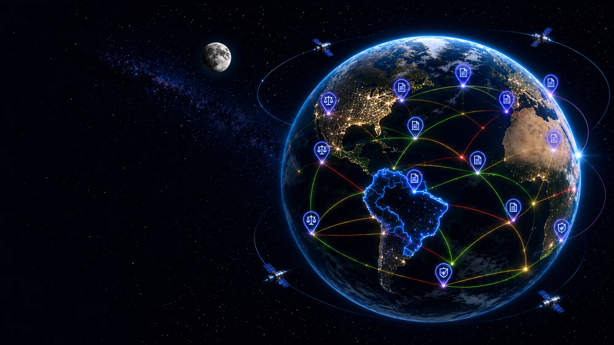 Globo terrestre com satélites e marcadores de leis e regulação de IA conectando países