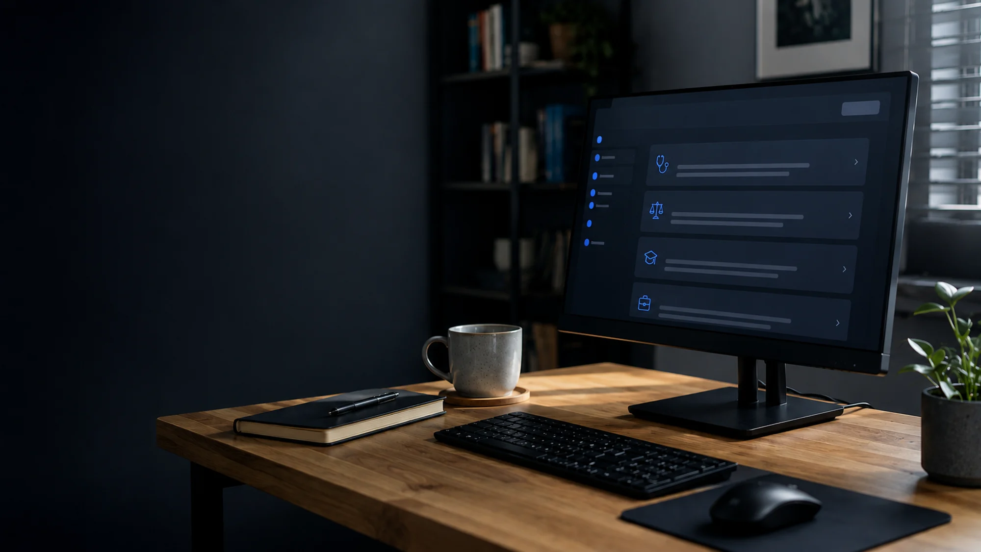 Mesa de trabalho com monitor exibindo uma biblioteca de prompts organizada por área profissional