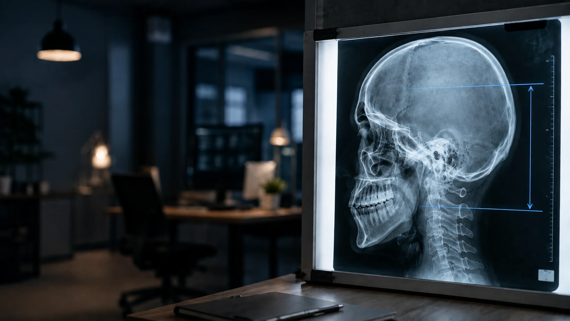 Radiografia de crânio em um negatoscópio, com marcação de percentual, sobre um escritório ao fundo