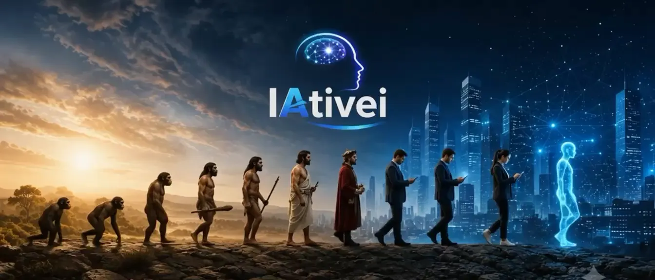 A evolução humana, culminando na era da Inteligência Artificial