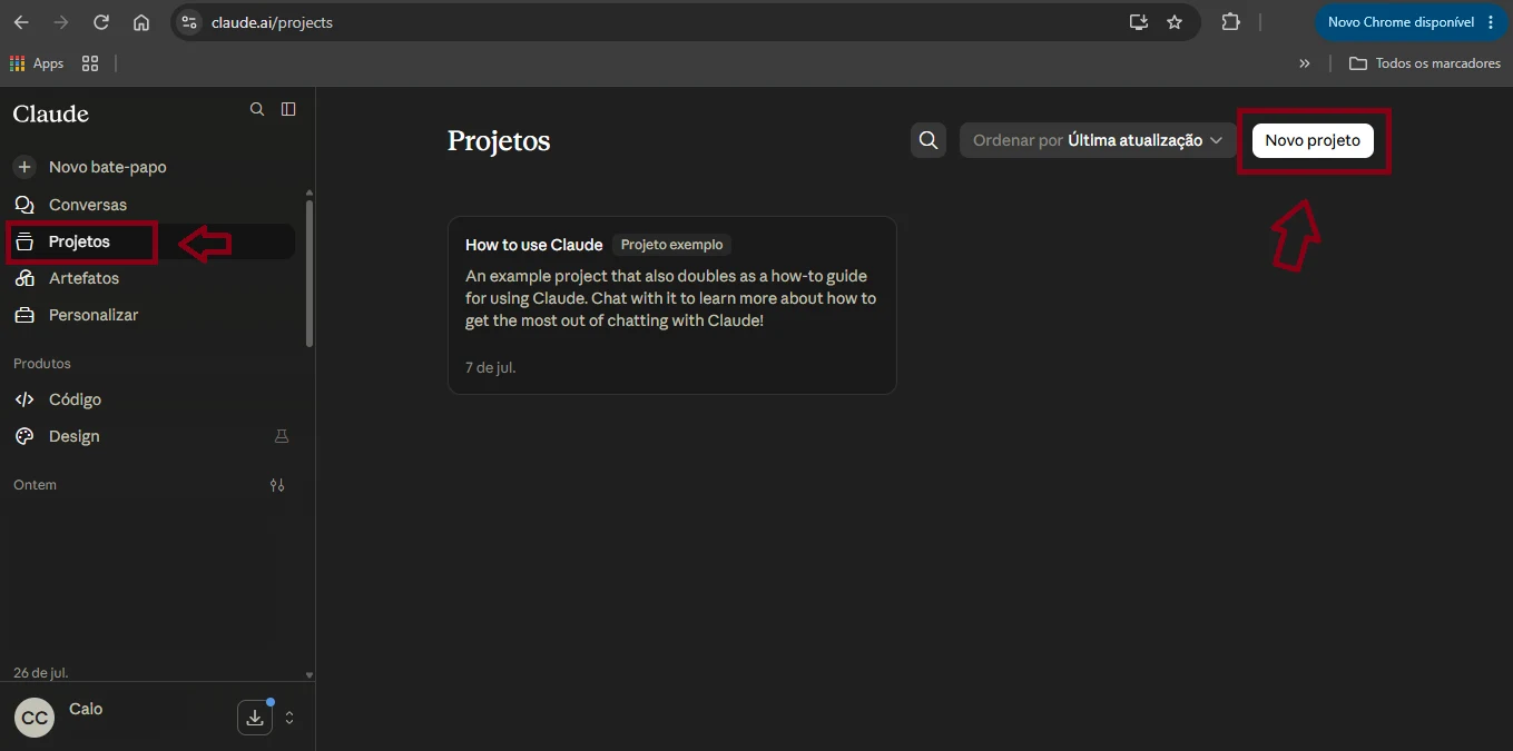 Claude — passo 1: criar um Projeto