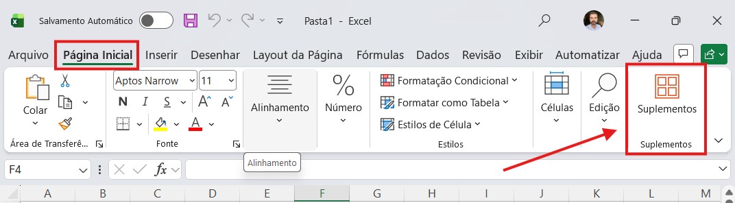 Botão Suplementos na aba Página Inicial do Excel