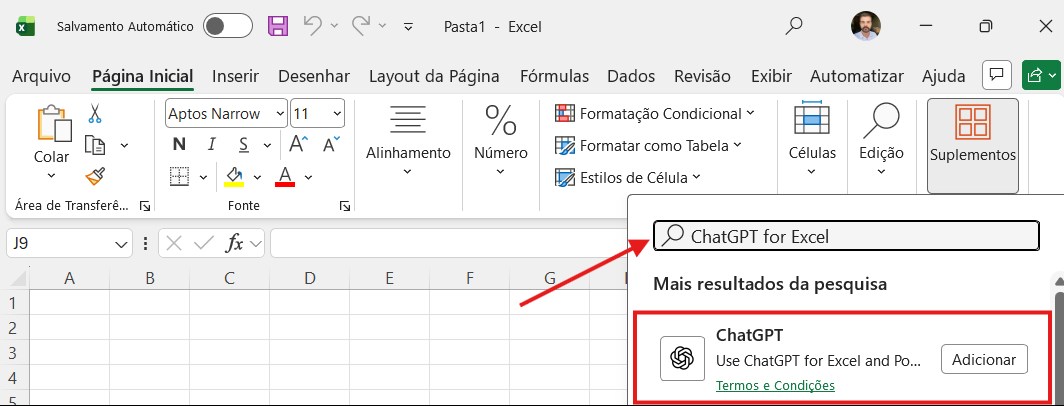 Buscando o ChatGPT for Excel na loja de suplementos do Excel