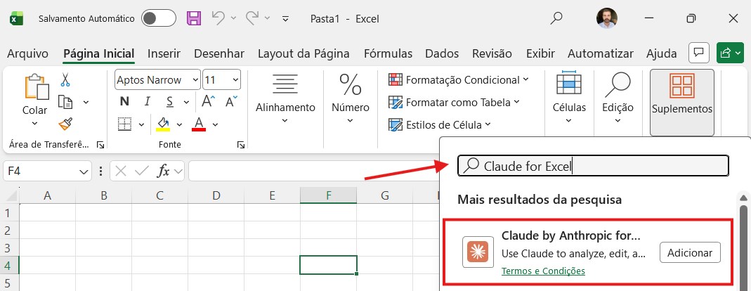 Buscando o Claude for Excel na loja de suplementos do Excel