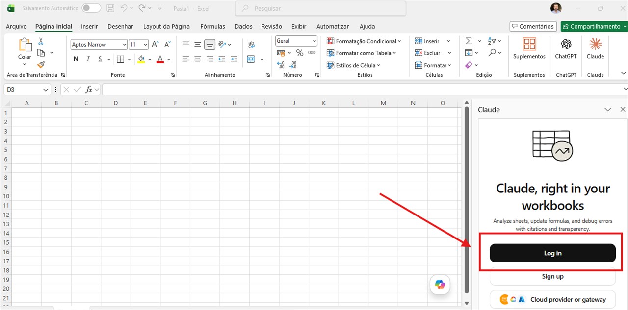Barra lateral do Claude dentro do Excel com o botão de login
