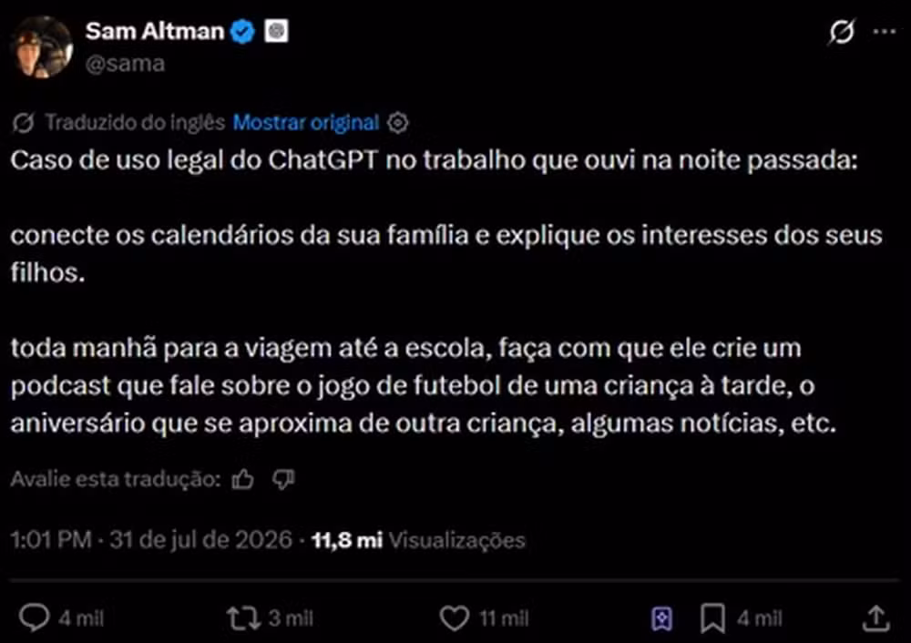 Postagem de Sam Altman sobre o uso do ChatGPT na criação dos filhos