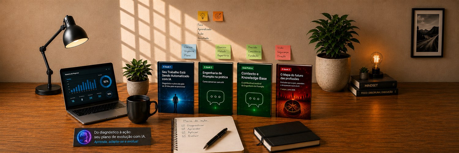 Os materiais do Combo IAtivei sobre uma mesa: Seu Trabalho Está Sendo Automatizado com IA, Como Conversar com a IA, o guia Contexto e Knowledge Base e O Mapa do Futuro do Trabalho