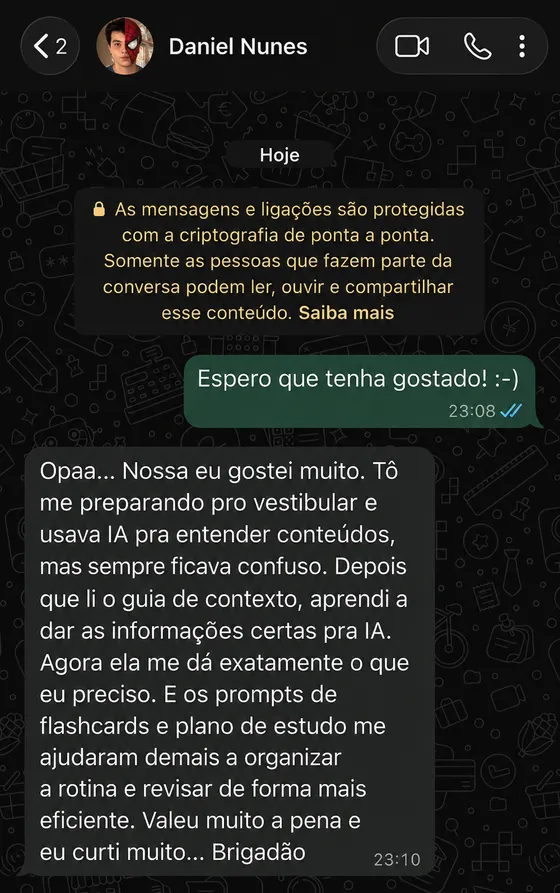 Print de WhatsApp com depoimento 5 estrelas de Daniel Nunes, estudante, sobre o combo Como Conversar com a IA