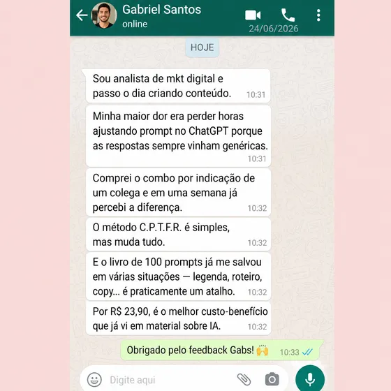 Print de WhatsApp com depoimento 5 estrelas de Gabriel Santos, de Marketing digital, sobre o combo Como Conversar com a IA